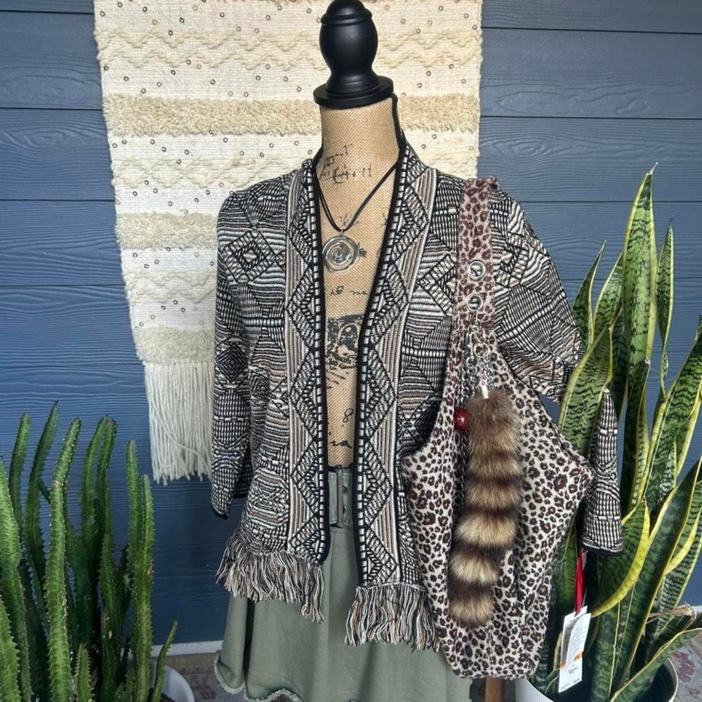Black & tan fringe cardigan with a boho western vibe